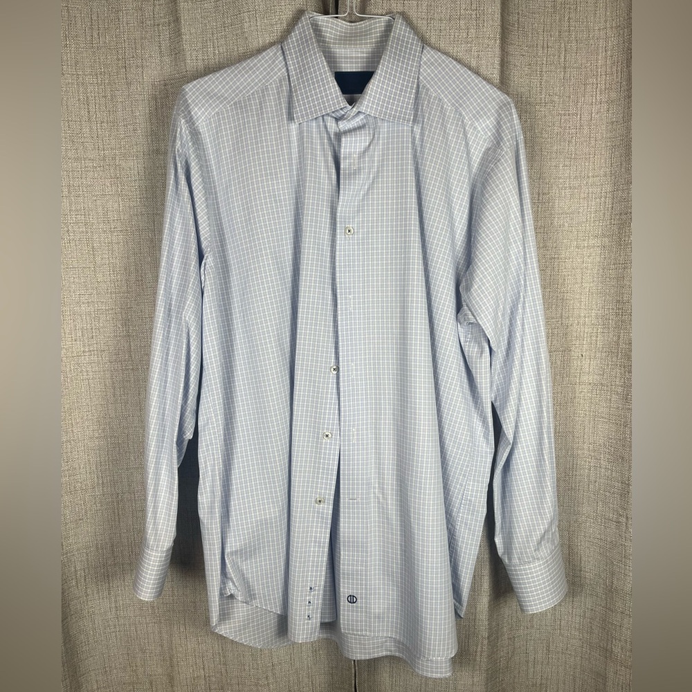 DAVID DONAHUE Dress Shirt Mens 17 - 34/35 Blue White Check Button Up Cotton EUC